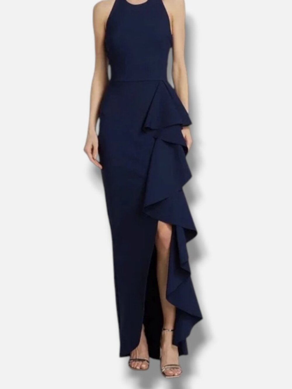 Chiara Boni Women's Blue Thomas Ruffled Halter Gown Dress Size 38